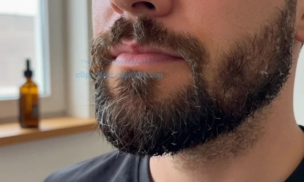 A close-up of a well-groomed beard in winter, showing healthy, moisturized facial hair with subtle frost on the tips, soft natural lighting from a window, warm indoor background with a wooden shelf and a beard oil bottle nearby, no text or symbols, realistic skin texture, detailed hair strands, no irritation or dryness visible