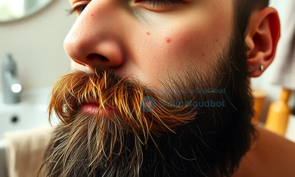 A close-up close of a man's face with a thick, coarse, and prickly beard, showing visible roughness and discomfort, soft natural lighting, realistic skin texture, detailed facial hair strands, no salon tools or products visible, home setting background like a bathroom sink with simple towel and natural wood elements, focus on beard texture and skin irritation, warm tones, high detail, photorealistic