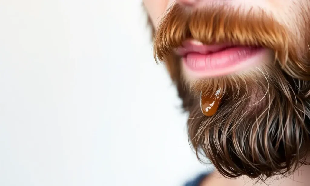 A close-up of a well-groomed man's beard with a small amount of clear, glossy beard wax applied to the tips, showing a subtle shine and neat shape, natural lighting, realistic detail, no text or symbols on the beard