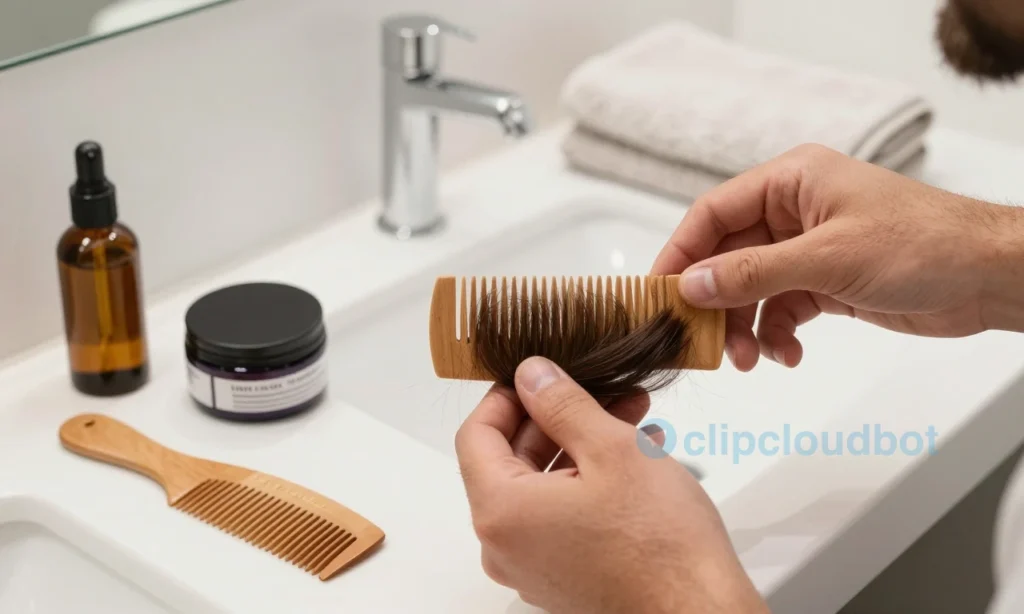 A clean, well-lit bathroom counter with a wooden beard comb, a bottle of beard oil, a small jar of beard balm, and a soft towel neatly arranged. A close-up of a man's hands gently combing through a thick, healthy beard, showing smooth, untangled strands. No text, no labels, no logos, no digits, no watermarks, no people's faces visible.