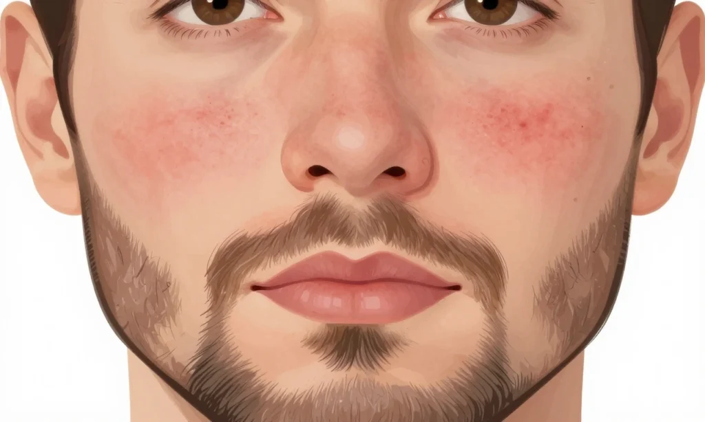 A close-up illustration of a man's face showing skin under his beard with visible signs of cosmetic overload, such as clogged pores, redness, and irritation, depicted in a clear, educational style with detailed skin texture and subtle color changes to indicate stress, no text or labels