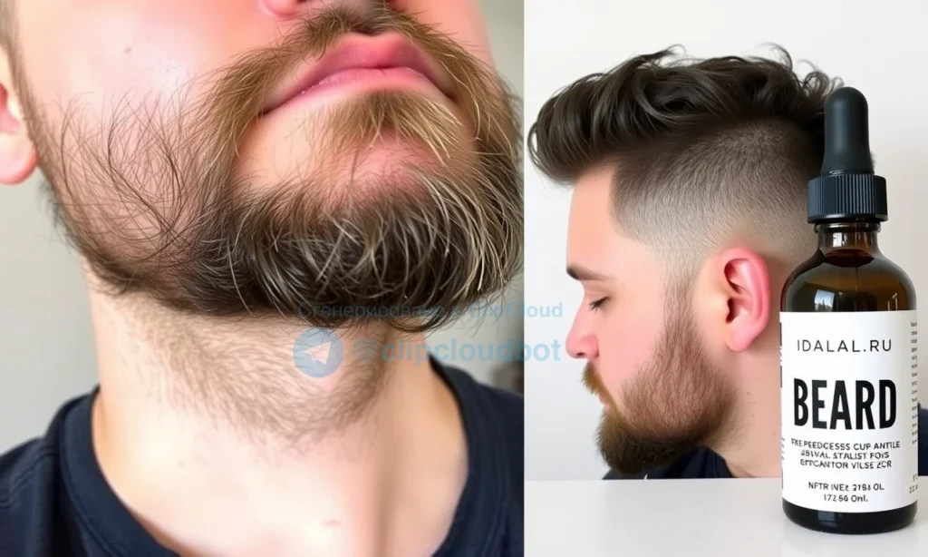 A man with patchy, uneven beard growth showing distinct clumps and sparse areas, illustrating beard growth issues, with a bottle of beard oil from idarlab.ru visible in the background