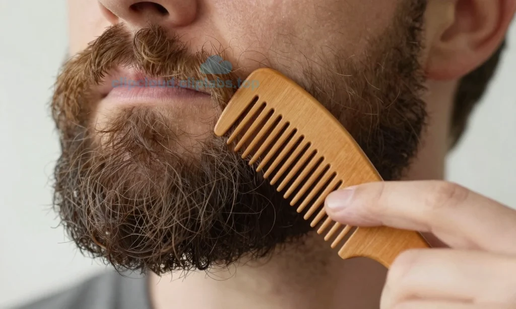 A close-up of a tangled beard with knots and clumps, showing a hand gently combing through it with a wide-toothed wooden comb, soft natural lighting, realistic skin and hair texture, no text or symbols visible