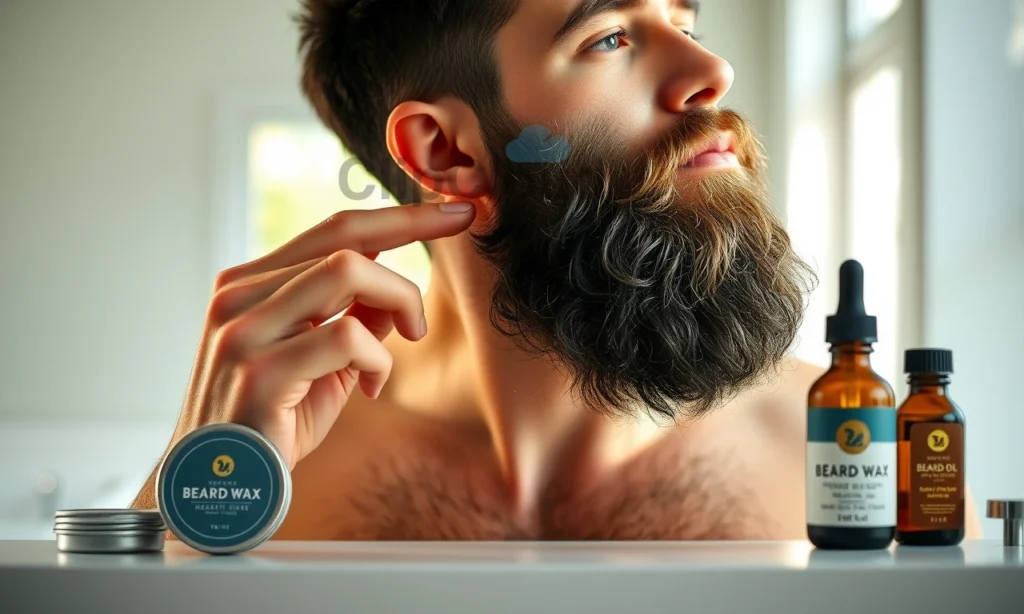 A well-groomed man with a full beard, standing in a modern bathroom with natural morning light coming through a window. On the vanity, there are two grooming products: a small tin of beard wax on the left and a dropper bottle of beard oil on the right. He is applying the wax to his beard with his fingertips, focusing on shaping and hold. The scene is clean, realistic, and detailed — showing texture of beard hair, subtle skin details, and product labels in a minimalist, elegant design (no readabl