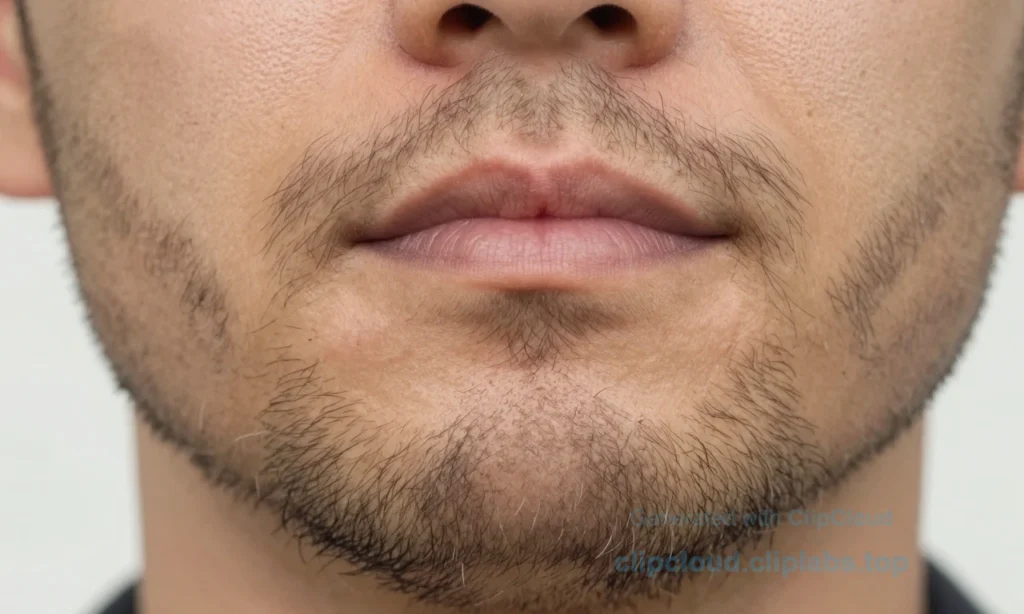 A close-up of a man's face showing patchy and uneven beard growth, with some areas having thick hair and others sparse or bare, highlighting irregular follicular development; soft natural lighting, realistic skin texture, detailed facial hair close-up, medical illustration style but photorealistic, no text or symbols