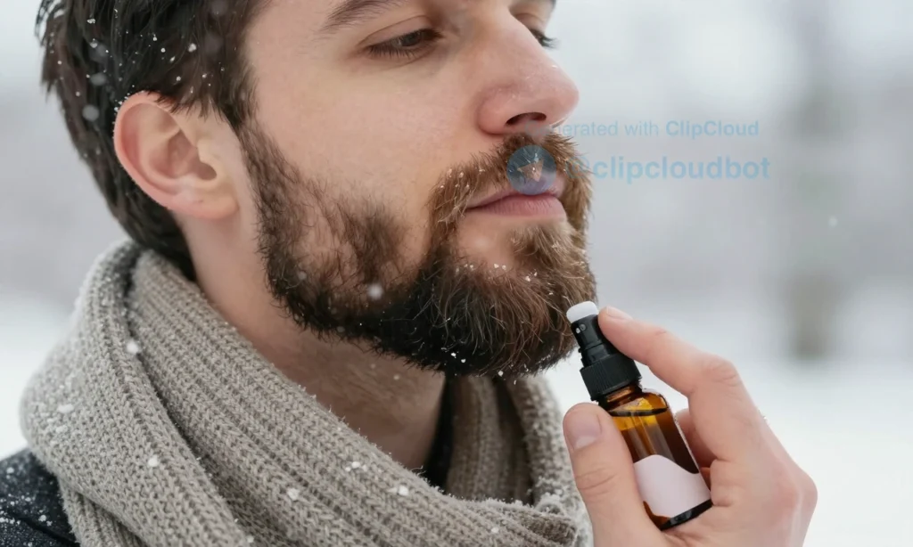 A close-up of a well-groomed beard on a man's face, with a winter backdrop: snow, a warm scarf, and a bottle of beard oil or balm. The man is gently applying the product to his beard, showing a relaxed, caring expression. The scene conveys warmth and protection against dryness and brittleness, with subtle hints of winter elements like snowflakes or a frosted window.