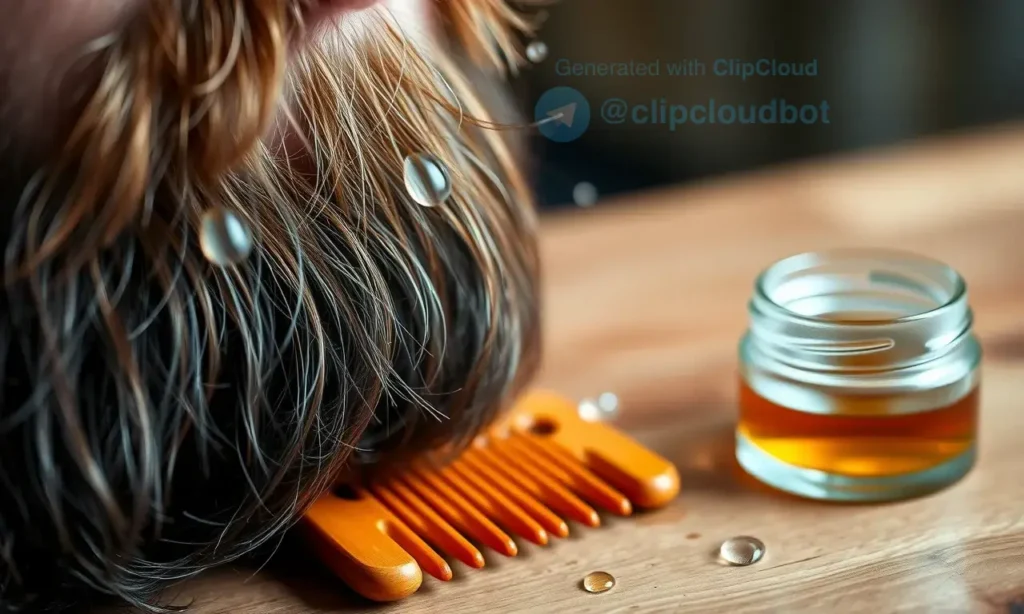 A close-up of a well-groomed man's beard with a subtle sheen, showing droplets of a clear liquid on the beard strands, a wooden comb resting nearby, and a small glass jar of beard balm on a wooden table, soft natural lighting, high detail, realistic texture