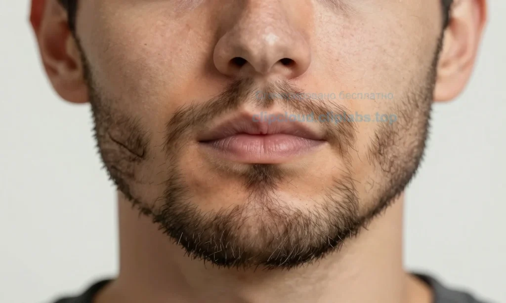 A close-up illustration of a man's face showing patchy and uneven beard growth, with some areas having thick hair and others sparse or bald spots, highlighting common beard growth concerns in a realistic yet educational style, soft lighting, neutral background