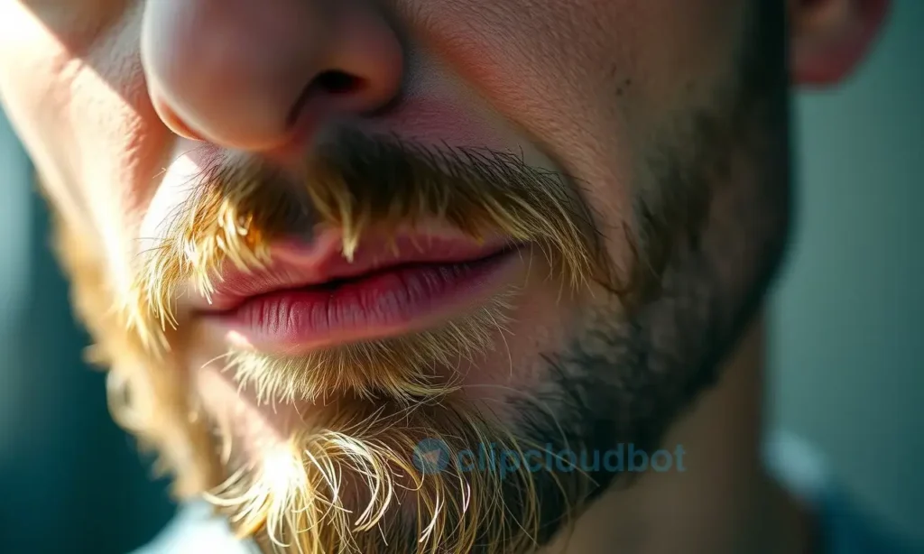 A close-up portrait of a man's face focusing on his beard, showing thin and patchy facial hair after illness, with a hopeful expression, soft natural lighting, realistic skin texture, and subtle signs of recovery like slight regrowth in sparse areas