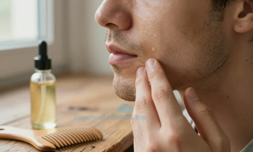 A close-up of a man's face showing early beard growth with soft, slightly prickly stubble on the chin and jawline, natural skin texture, warm indoor lighting from a window, subtle droplets of beard oil being applied with fingertips, a small glass bottle of natural beard oil and a wooden comb on a rustic wooden surface nearby, no text, no logos, no symbols
