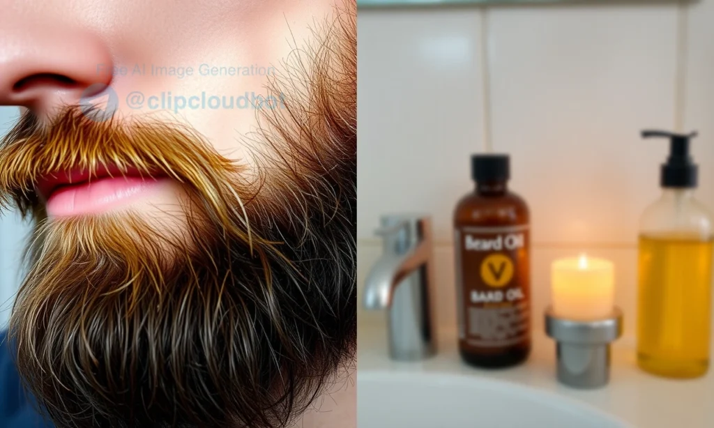A close-up of a well-groomed beard with subtle shine, half treated with beard wax on the left side (slightly sculpted, defined edges) and half with beard oil on the right side (soft, natural, moisturized look), morning light on the wax side, evening warm glow on the oil side, blurred bathroom sink background with faint outlines of a wax tin and oil bottle, no text, no labels, no people, only beard and grooming products implied by context