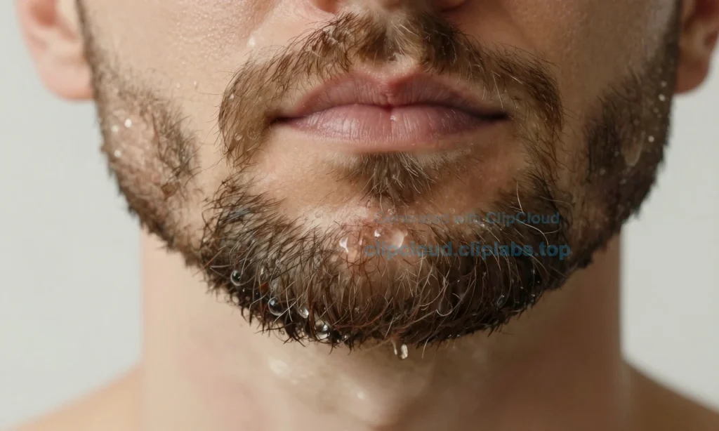 A close-up of a well-groomed beard with visible droplets of water and soap residue after washing, showing subtle signs of lingering odor despite cleaning — soft natural lighting, skin texture visible beneath facial hair, realistic detail, no text or symbols