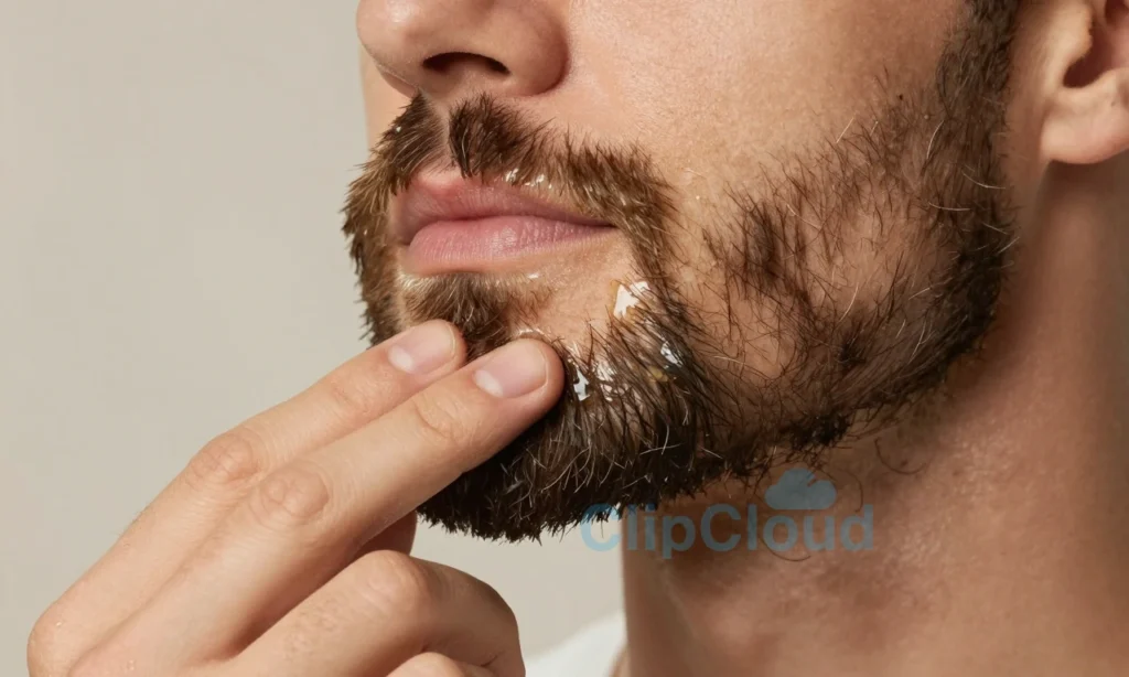 A close-up image of a man with a well-groomed beard, applying beard oil. The beard oil is visible on the surface of the beard, creating a slight greasy shine. The man is using his fingers to distribute the oil evenly. The background is neutral and not distracting, focusing on the beard and the application process.