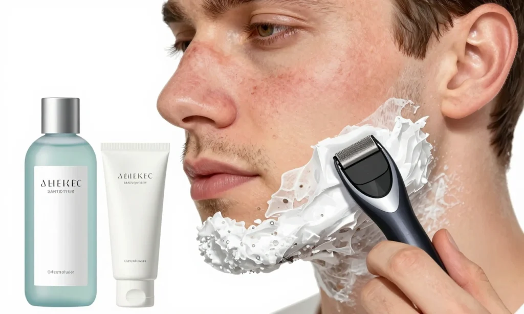A close-up illustration showing dry, flaky skin on a man's face after using a trimmer and shaving beard contours, with visible irritation and tightness, alongside a bottle of soothing moisturizer and a tube of after-shave balm, emphasizing skin care and hydration