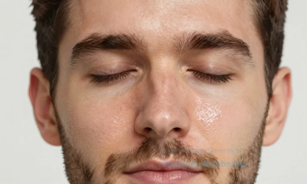 A close-up illustration of a man's face showing oily skin texture under a beard, with visible shine on the forehead and nose, demonstrating balanced skincare and beard care, in a clear, educational style