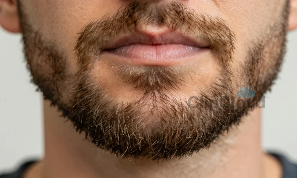A close-up of a well-groomed beard with natural texture, showing subtle shine from beard oil on one side and a matte, slightly textured finish from beard wax on the other side, split vertically down the middle. Soft natural lighting, shallow depth of field, focus on facial hair details, no text, no logos, no people's faces visible, just the beard and skin underneath.