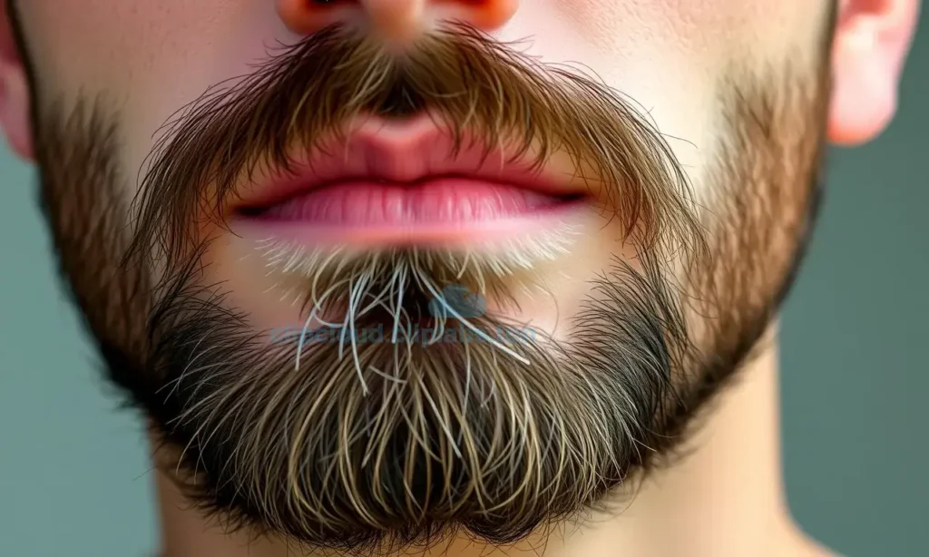 A close-up of a man's face showing patchy beard loss with small bald spots in the facial hair, natural skin texture visible, soft daylight lighting, realistic human features, no text or symbols, no clothing visible, focus on beard area only
