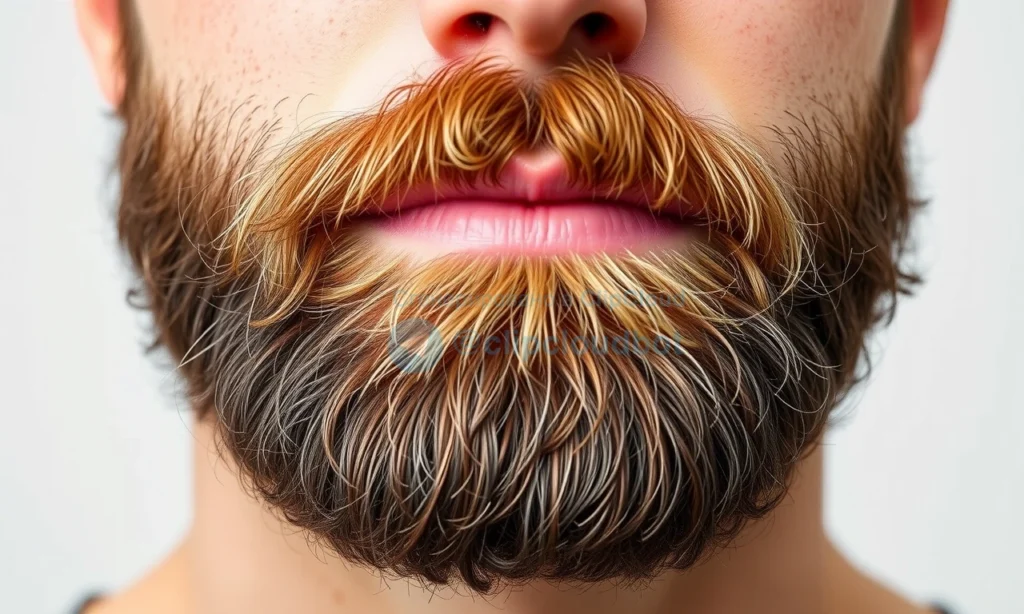 A close-up of a well-groomed beard that appears clean and healthy, with a focus on the texture and shine of the beard hairs. The beard should be neatly trimmed and styled, with no visible dirt or debris. The background should be simple and neutral to keep the focus on the beard.