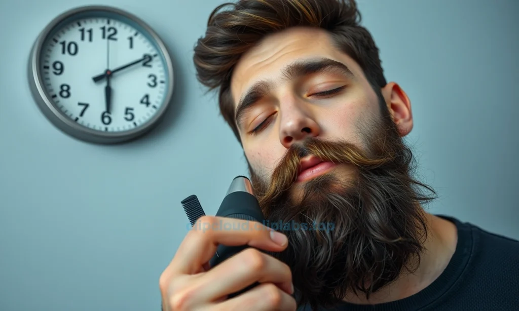 A close-up of a man in the morning with a messy beard after sleep, holding a beard trimmer and a comb, with a wall clock showing early morning hours, depicting the quick grooming process to tidy the beard