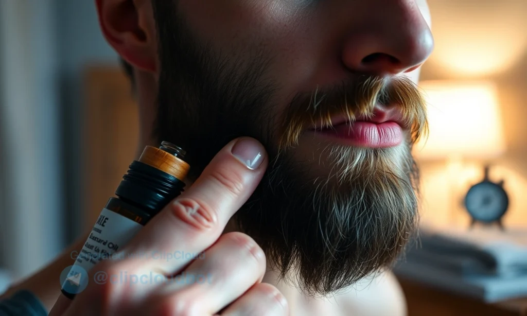 A close-up of a well-groomed man's beard at night, softly illuminated by warm bedside lamp light, with a few drops of beard oil being gently massaged into the facial hair using fingertips. The background is a blurred bedroom with a nightstand, a small bottle of beard oil with a wooden cap, and a folded towel. The skin looks healthy and hydrated, the beard appears soft, shiny, and well-conditioned. No text, no labels, no products with visible branding, no daytime elements like sunlight or clocks.