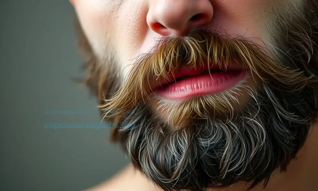 A close-up of a man's face with a thick, coarse beard that appears rough and prickly, showing visible irritation or discomfort, with soft natural lighting highlighting the texture of the facial hair, set against a neutral blurred background to emphasize the beard
