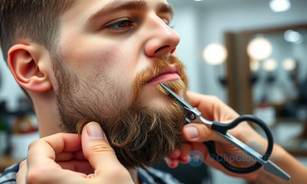 A close-up of a man's face with a beard that grows unevenly and crookedly, showing a professional barber or trimmer gently adjusting the beard with scissors or clippers in a clean, well-lit barber shop setting. The focus is on the beard's uneven growth and the professional's hands working to straighten it.