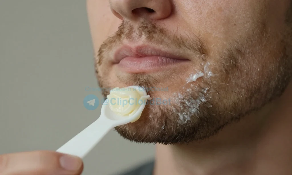 A close-up of a man's beard with wax applied, showing hair visibly clumped together and slightly sticky, with a small measuring spoon or droplet of wax in the foreground to illustrate proper dosage. The background should be a subtle, neutral grooming setting with minimal tools, no text or lettering visible.