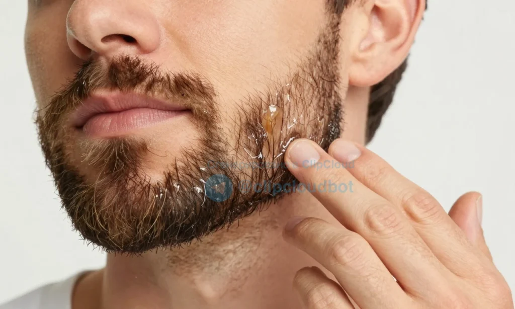 A close-up of a man with a well-groomed beard, showing the application of beard oil. The beard appears slightly oily with a visible sheen, indicating that the oil is not fully absorbed. The man is in a clean, well-lit environment, focusing on the beard and the oil application process.