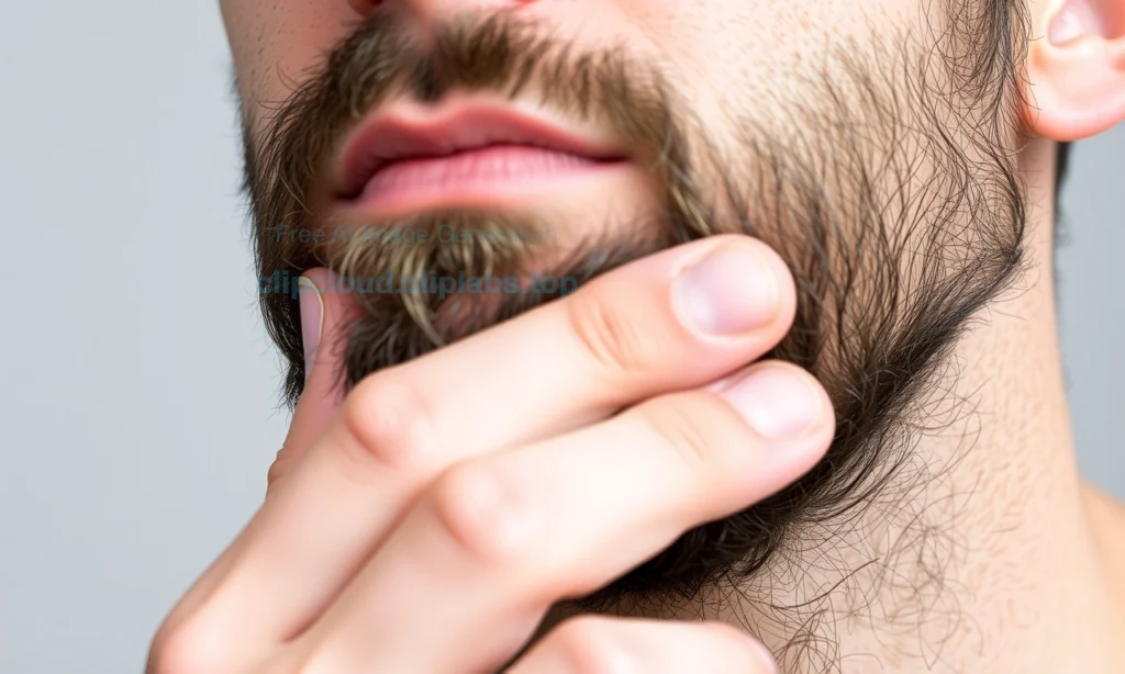 A close-up of a man with a beard, showing the skin underneath. The skin appears slightly red and dry, indicating irritation. The man is gently touching his beard with his hand, suggesting discomfort. The background is neutral and blurred to keep the focus on the man's face and beard.