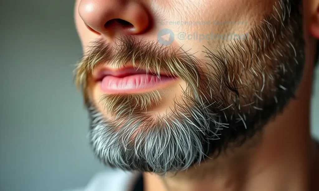 A close-up of a man's face focusing on his beard, showing thinning facial hair after illness, with subtle signs of recovery like new growth and healthy skin, soft natural lighting, realistic skin texture, no text or symbols