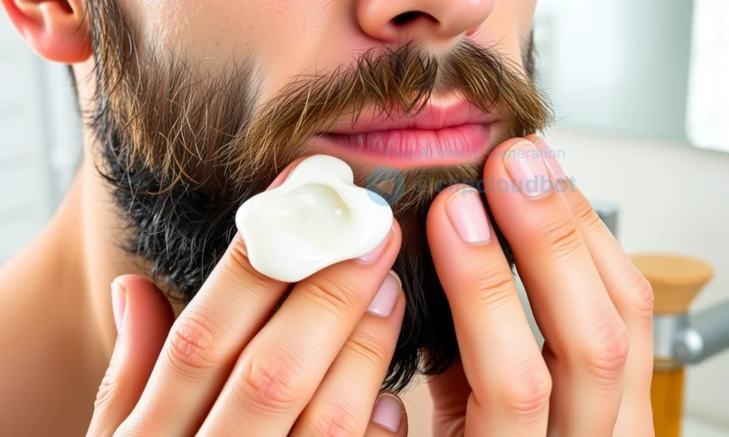 A close-up of a man's face with a well-groomed beard, showing gentle skincare application on the skin beneath the beard — using a non-comedogenic moisturizer or soothing serum with clean hands, soft natural lighting, subtle texture of facial hair and skin visible, no redness or irritation, calm and professional atmosphere, bathroom sink with minimal grooming tools in background (beard oil, brush, cleanser), focus on healthy skin and beard care routine for problematic skin
