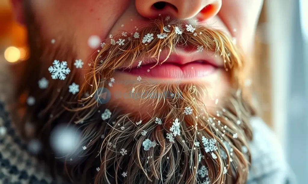 A close-up of a well-groomed beard in winter, with soft snowflakes gently falling around it, showing smooth, healthy facial hair with no dryness or brittleness, natural skin tone visible underneath, warm indoor lighting highlighting the beard's texture and shine, subtle frost on nearby surfaces but not on the beard itself, emphasizing care and hydration