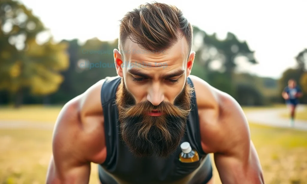 A man with a well-groomed beard is exercising outdoors — doing push-ups on a grassy field under bright daylight, sweat visible on his forehead and neck, but his beard remains neat and conditioned, with a small bottle of beard oil and a comb tucked in his sports shorts pocket; background shows blurred trees and a distant jogging path, realistic lighting, high detail, no text or symbols
