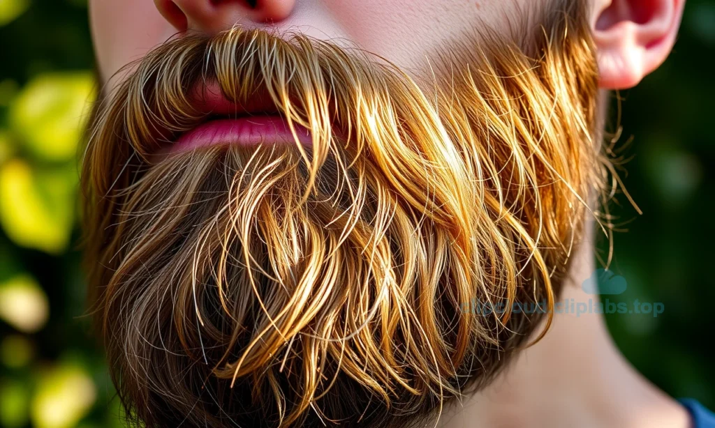 A close-up of a well-groomed beard with natural sunlight highlighting subtle variations in hair color, showing lighter strands on the surface due to sun exposure, while deeper follicles retain richer pigment; soft bokeh background of blurred green foliage to suggest an outdoor setting, warm golden hour lighting, no text, no symbols, no people's faces visible, only the beard and skin texture in sharp focus