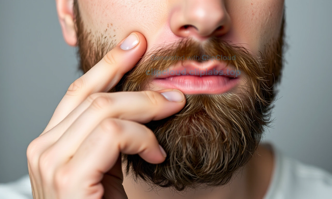 A close-up of a man with a beard, showing the skin underneath. The skin appears slightly red and dry, indicating irritation. The man is gently touching his beard with a clean hand, suggesting he is trying to soothe the itch. The background is neutral and out of focus to keep the attention on the man's face and beard.