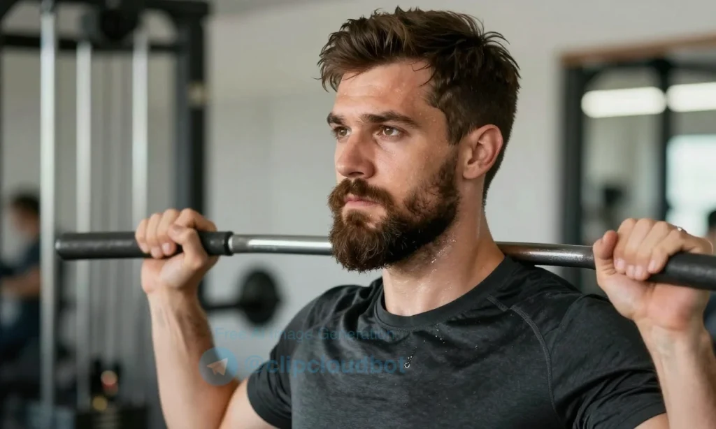 A man with a well-groomed beard exercising in a gym, showing active lifestyle, with a clean and healthy beard despite sweating, sportswear, gym equipment in background, natural lighting, detailed facial features, realistic style