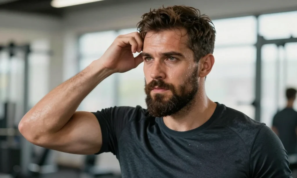A man with a well-groomed beard exercising in a gym, showing proper beard care during physical activity and sweat, with visible water droplets on his face and beard, clean athletic wear, and a focused expression, illustrating practical tips for maintaining facial hair while working out, no text or letters on the image