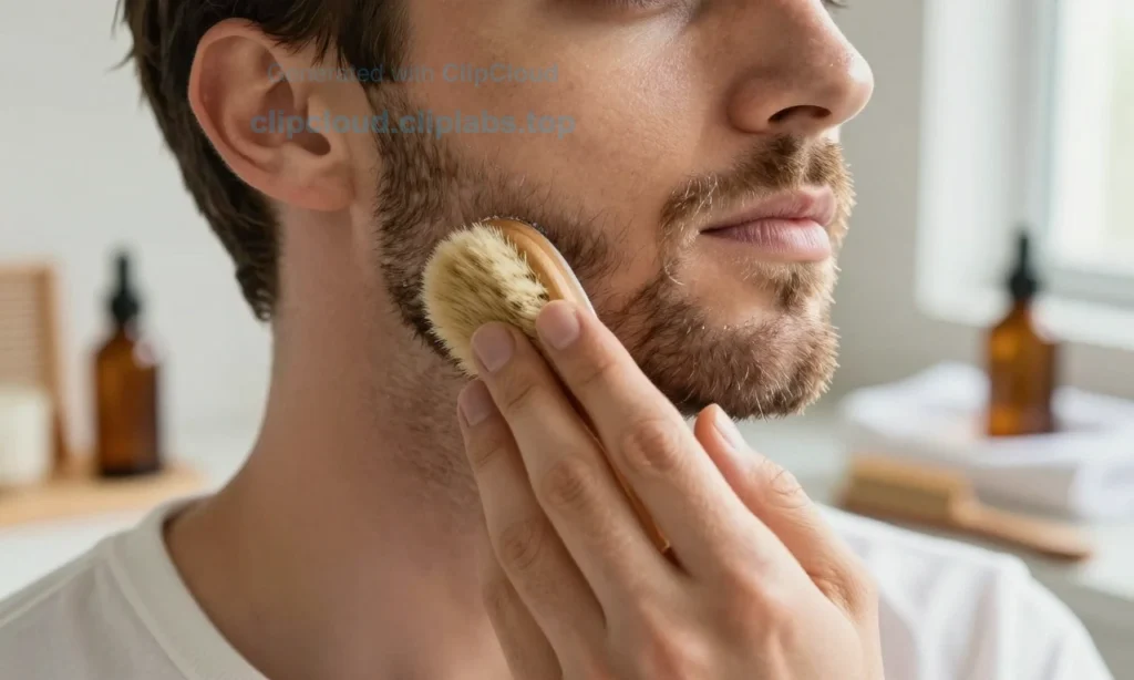 A close-up of a well-groomed male face with a short, neatly trimmed beard being prepared for growth, showing gentle exfoliation with a soft brush, application of beard oil using fingertips, and a clean bathroom counter with natural beard care products: a wooden comb, a bottle of beard oil, a small jar of beard balm, and a towel. Warm morning light from a window illuminates the scene, highlighting skin texture and beard hairs in sharp detail. No text, no logos, no digits, no people beyond the fac