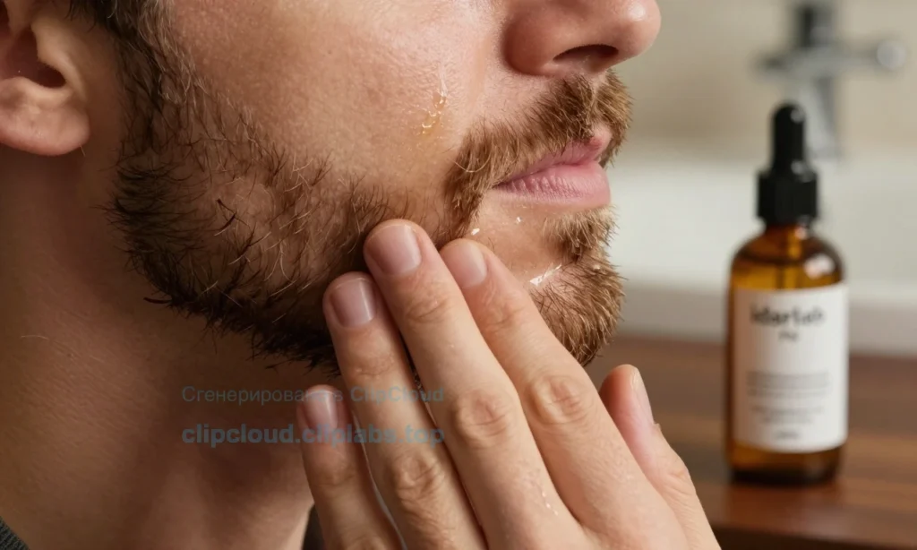 A close-up of a well-groomed beard with visible texture and natural shine, showing a few drops of beard oil being gently applied with fingertips, soft warm lighting highlighting the hair follicles and skin, a small glass bottle of premium beard oil labeled 'idarlab.ru' resting nearby on a dark wooden surface, subtle bokeh background of a bathroom vanity with neutral tones, no text or labels visible on the bottle except the brand name as part of the product design, realistic skin and hair detail,