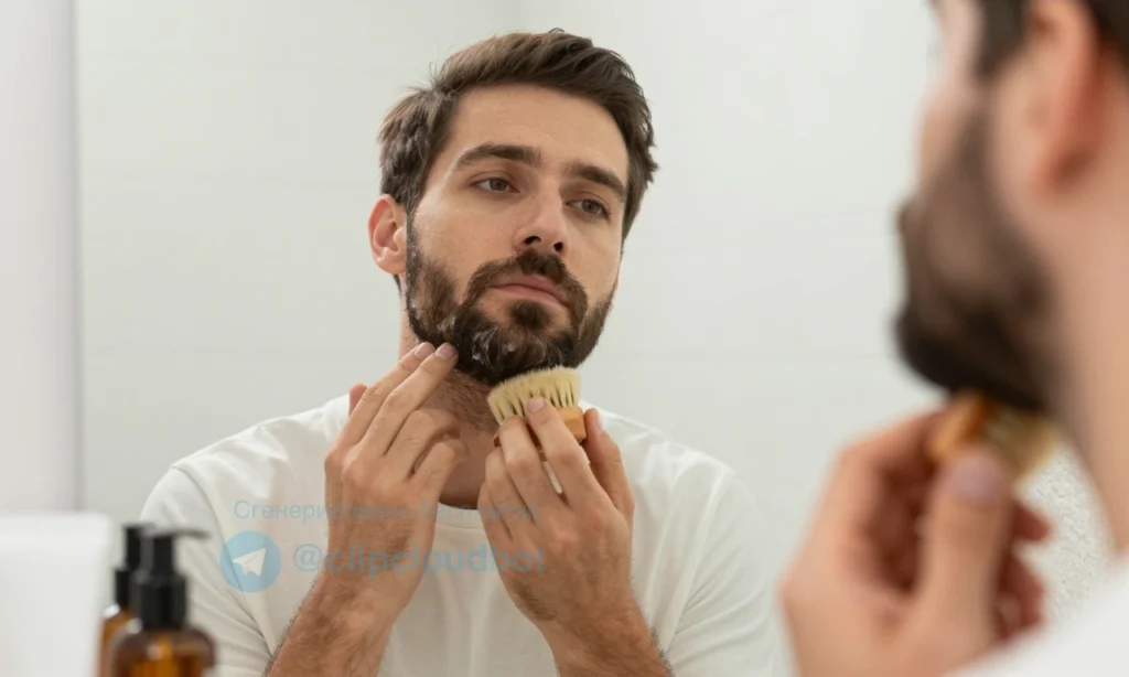 A close-up of a well-groomed man with a healthy beard, gently applying beard oil with a wooden brush while standing before a clean, softly lit bathroom mirror. The scene includes a small, neat skincare routine: a gentle cleanser, a moisturizer, and a small bottle of beard oil. The background is uncluttered, with a subtle, natural light source and a hint of a towel or a simple bathroom setting. The focus is on the man's face and beard, showing smooth skin and a tidy, healthy beard, with no text,
