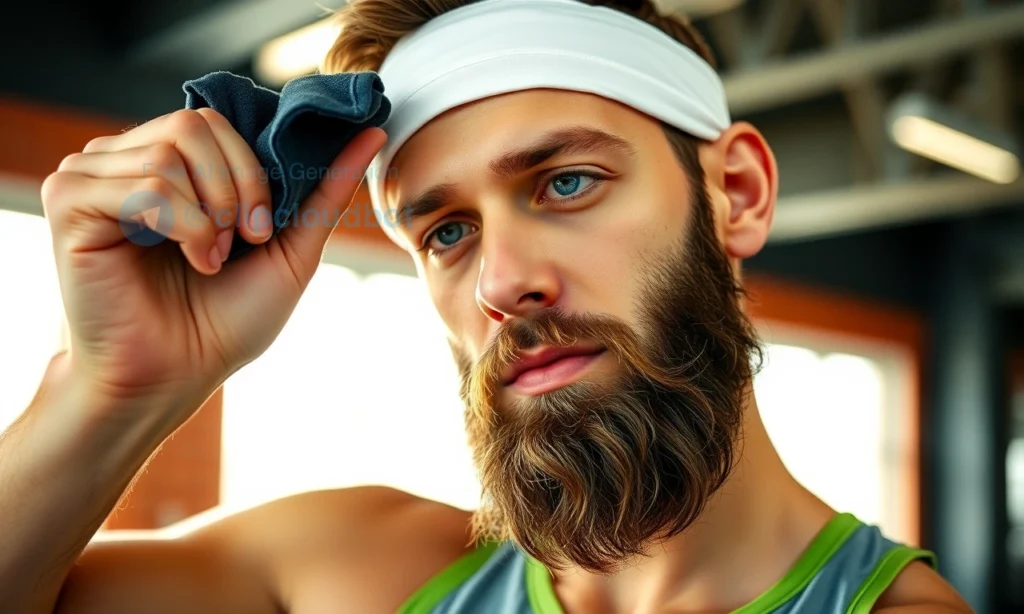 A close-up of a man with a well-groomed beard, wiping sweat from his forehead with a towel during a workout, wearing a sports headband and athletic clothing, in a bright gym environment with natural lighting, emphasizing beard care and hygiene during physical activity