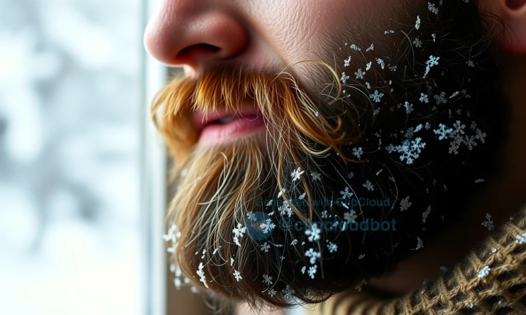 A close-up of a well-groomed beard in winter, showing healthy, moisturized facial hair with subtle frost on the tips, set against a soft snowy background. The beard is thick, neatly trimmed, and glistens slightly with natural beard oil, conveying care and protection from dryness and brittleness. Warm indoor lighting contrasts gently with the cold outdoor atmosphere visible through a blurred window in the background.