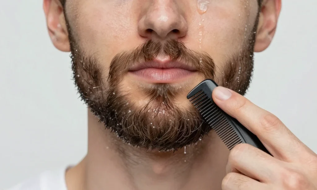 A close-up illustration showing a man's well-groomed beard in winter, with visible moisture and soft texture, surrounded by subtle visual cues of cold weather like frost or snowflakes, demonstrating proper care techniques such as applying beard oil and using a comb, in a clear, detailed, high-quality style