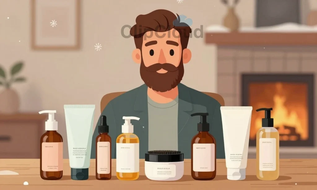 A stylish, high-resolution illustration of a well-groomed bearded man in a cozy winter setting, surrounded by seven distinct beard care products arranged neatly for comparison. The scene should convey warmth and care, with subtle winter elements like snowflakes or a fireplace in the background, and the products should be clearly visible but without any text labels.