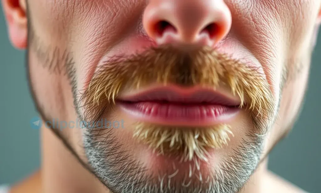 A close-up of a man's face with a partially grown beard, showing dry and sensitive skin with visible redness and flakiness around the jawline and chin, soft natural lighting, realistic skin texture, no makeup or artificial enhancements, focus on skin condition and beard growth stage