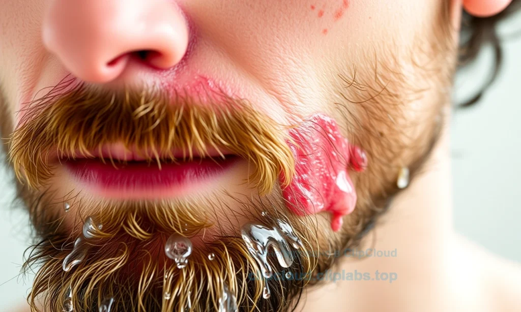 A close-up of a man's beard area showing inflamed, reddened skin after washing, with a gentle splash of water droplets on the beard, soft natural lighting, no visible text or symbols, focusing on the skin texture and redness