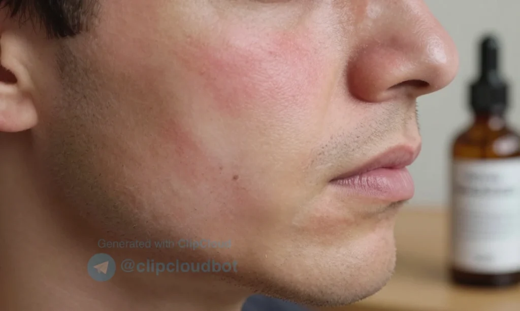 A close-up of a man's face showing mild skin redness and irritation on the cheek and jawline after using beard oil, with visible stubble and a small bottle of beard oil nearby on a wooden surface, soft natural lighting, realistic skin texture, no text or symbols