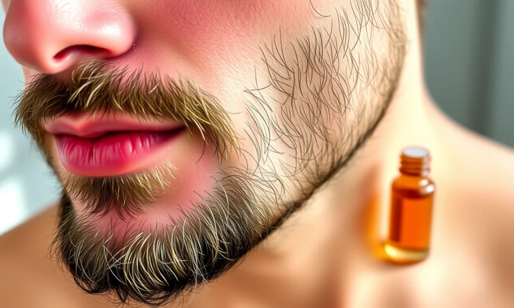 A close-up of a man's face showing mild skin redness on the jawline and chin after using beard oil, with a small bottle of beard oil nearby on a wooden surface, soft natural lighting, realistic skin texture, no text or symbols visible