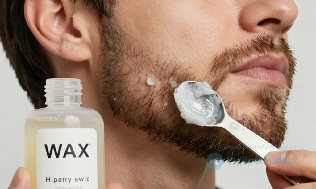 A close-up, realistic illustration of a man's beard being groomed with beard wax. The scene shows a small, translucent wax bottle with a clear label, a measuring spoon or dropper indicating a precise amount of wax being applied to the beard. The beard is neatly styled, with individual hairs visibly separated and not clumped together, demonstrating proper dosage. In the background, a subtle comparison of a high-quality wax (smooth texture) versus a low-quality wax (grainy texture) is hinted at th