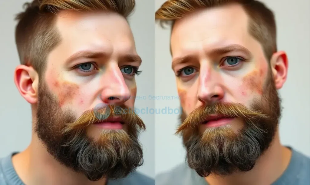 A man with a beard growing in uneven patches and clumps, showing the problem of patchy beard growth, with clear visual of sparse areas and uneven growth patterns, natural lighting, realistic style, medical or health context